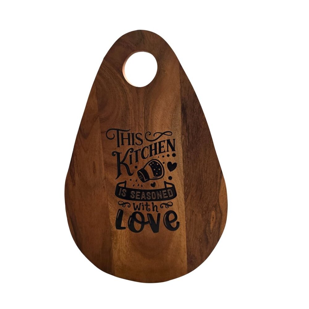 Handmade Acacia Wood Cutting Board With "This Kitchen Is Seasoned With Love"